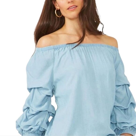 Distressed Chambray Off The Shoulder Tiered Balloon Sleeve Top in Light Blue - Picture 1 of 10